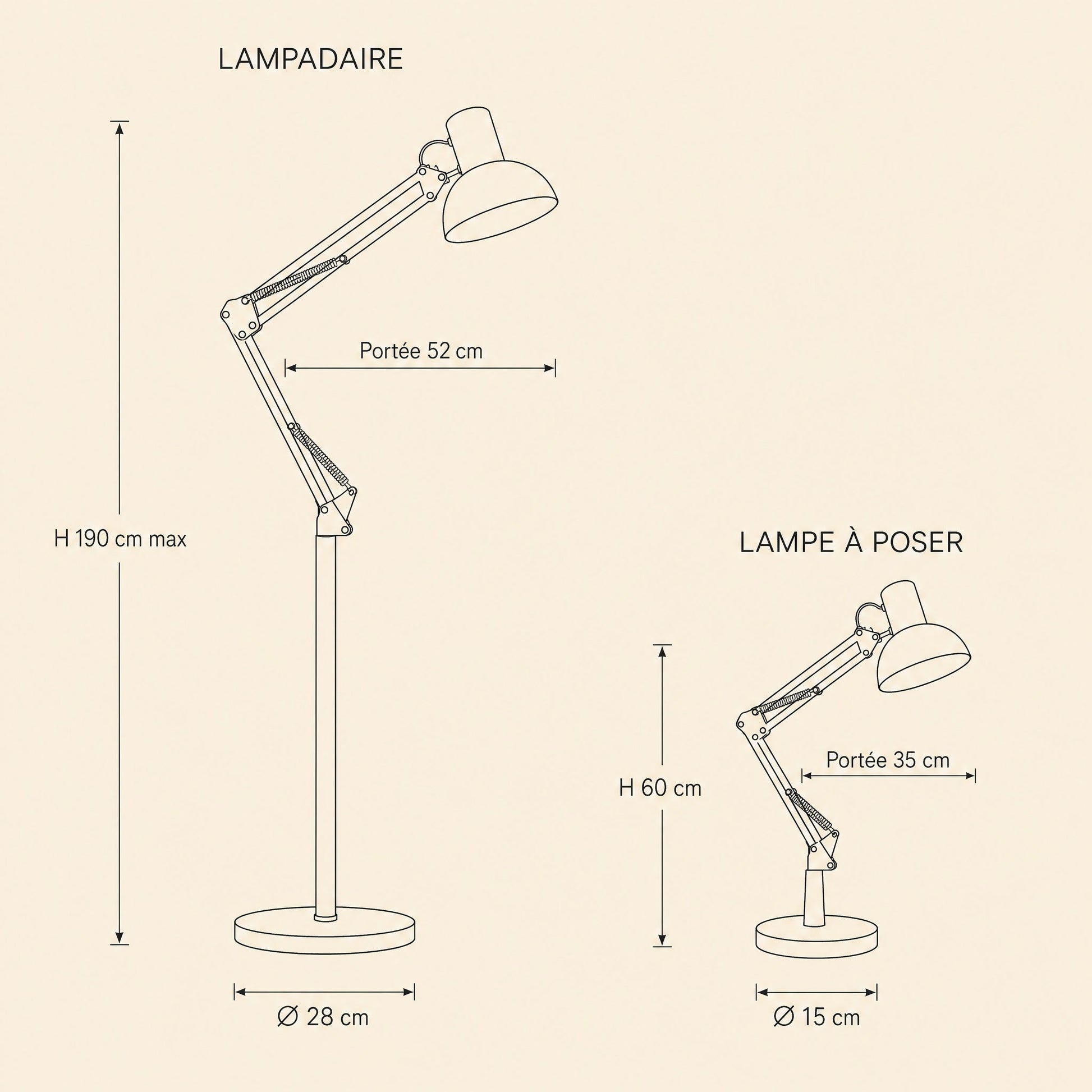 Schéma coté du lampadaire 190 cm et de la lampe à poser 60 cm | Delvanie