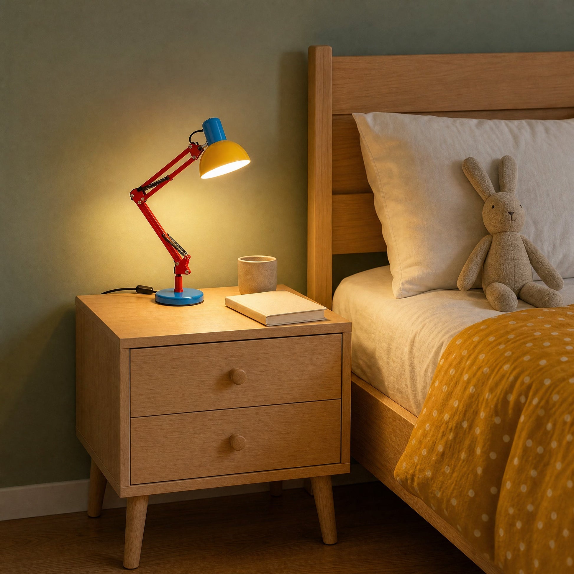 Version lampe à poser tricolore allumée sur une table de chevet en hêtre | Delvanie