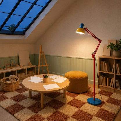 Lampadaire liseuse tricolore allumé dans une salle de jeux atelier sous verrière de toit | Delvanie