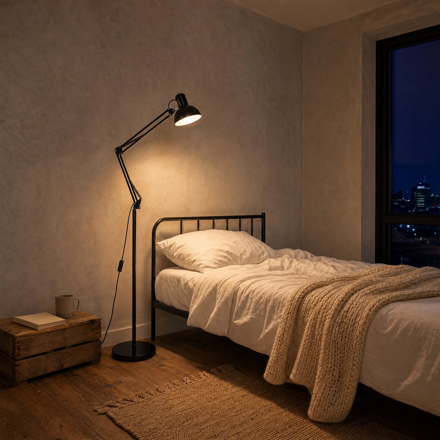 Lampadaire liseuse noir allumé au-dessus d'un lit dans un petit studio le soir | Delvanie