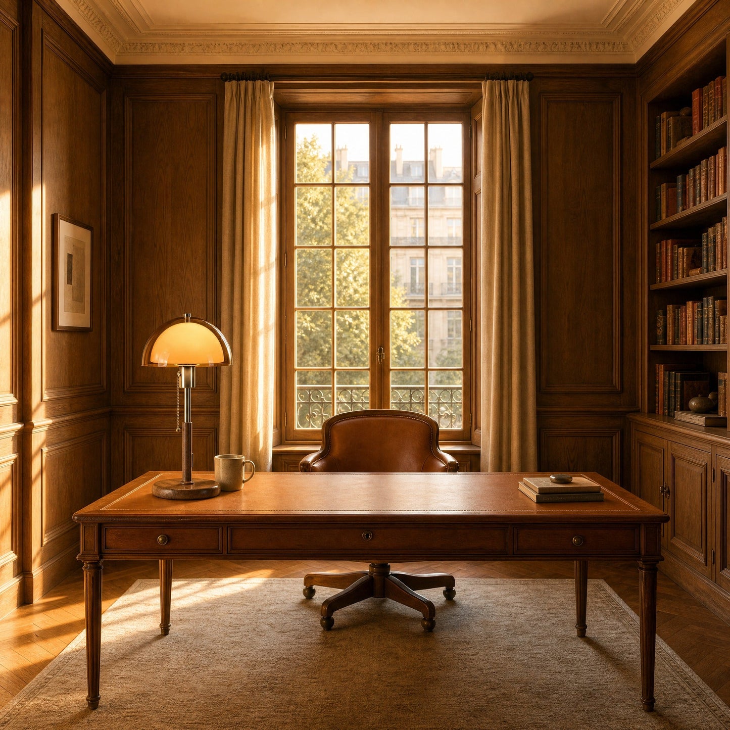 Lampe abat-jour d'ambre allumée sur le bureau d'un cabinet de travail à boiseries de chêne | Delvanie