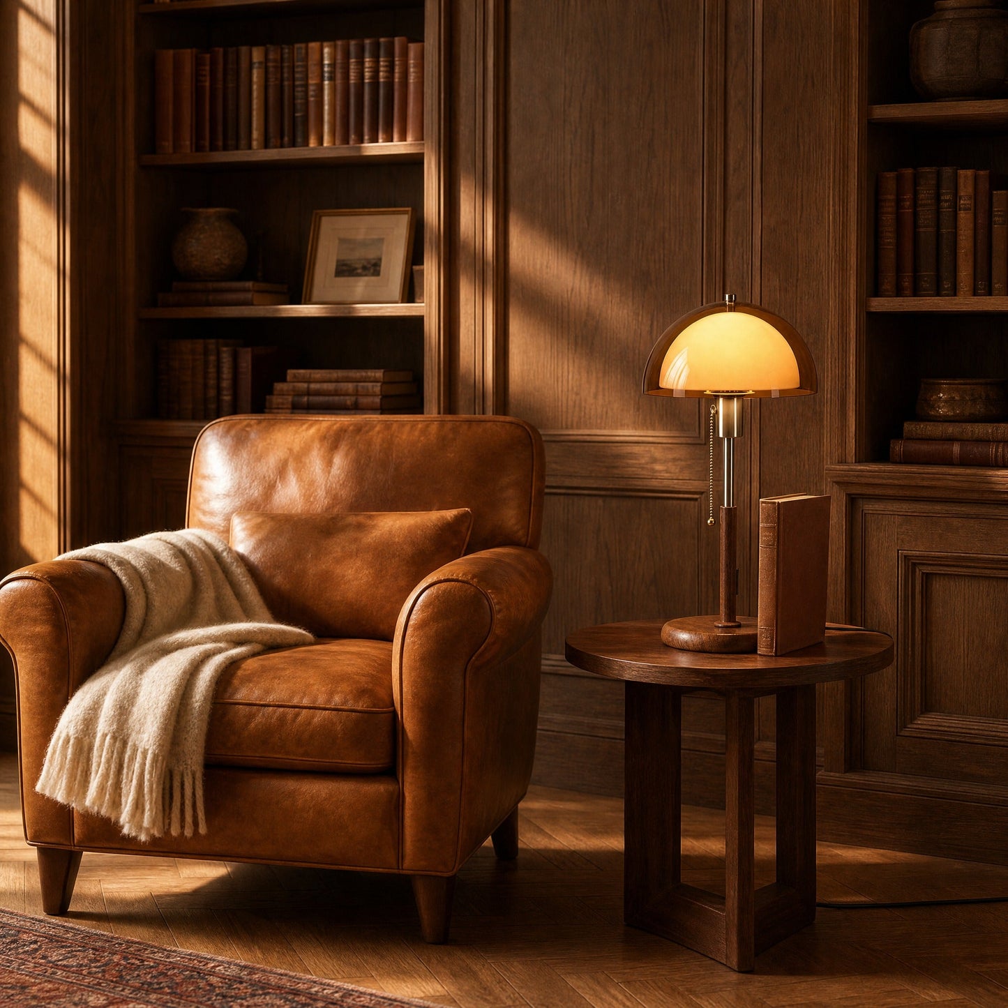 Lampe abat-jour d'ambre allumée sur un guéridon de noyer, coin lecture et fauteuil de cuir | Delvanie