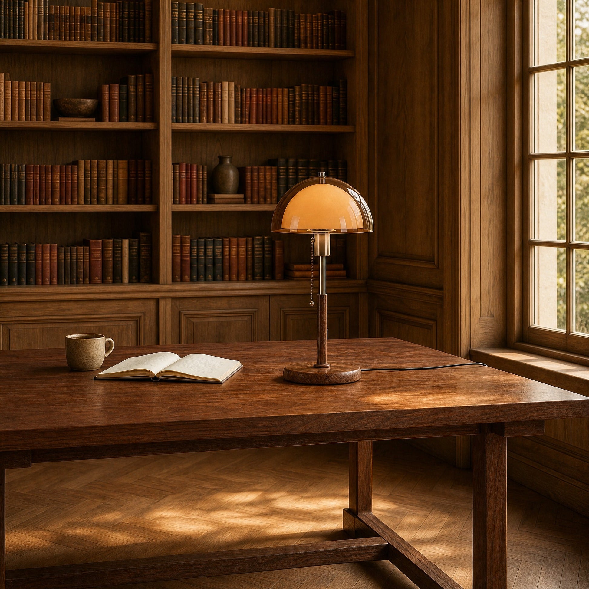 Lampe abat-jour d'ambre sur une table de bibliothèque en plein jour | Delvanie