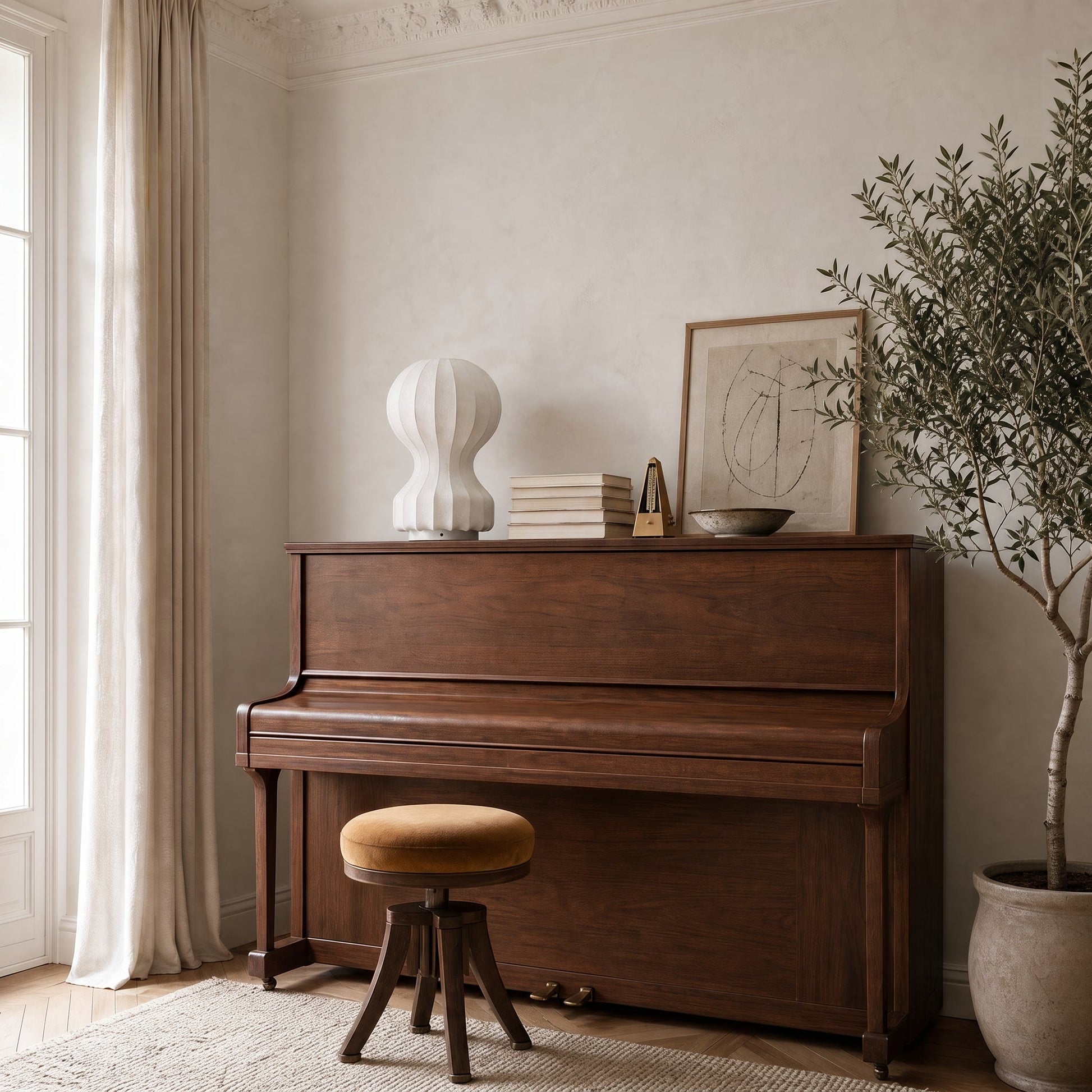 Lampe d'ambiance cocon posee sur un piano droit en noyer, en plein jour | Delvanie