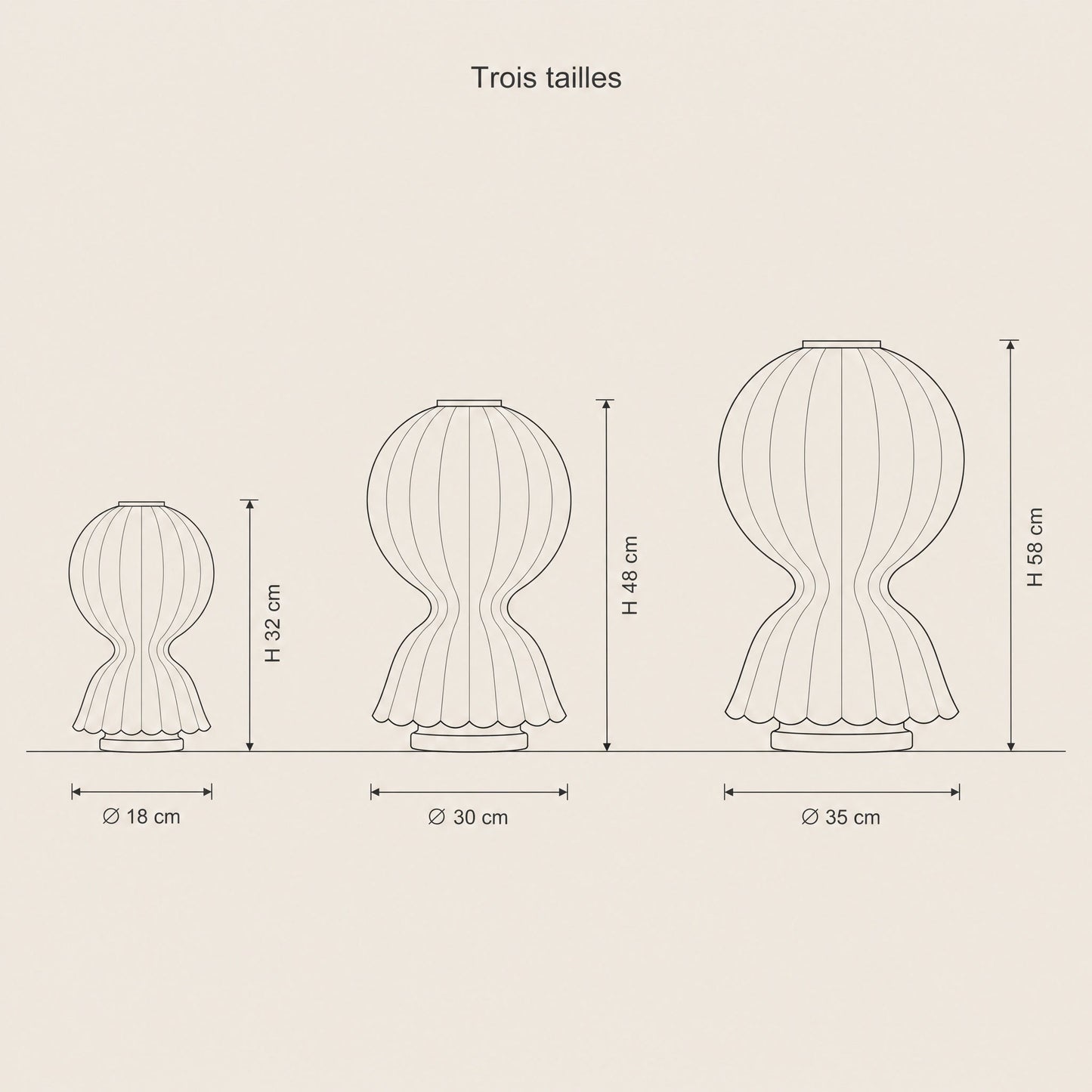 Schema cote des trois tailles de la lampe d'ambiance cocon | Delvanie