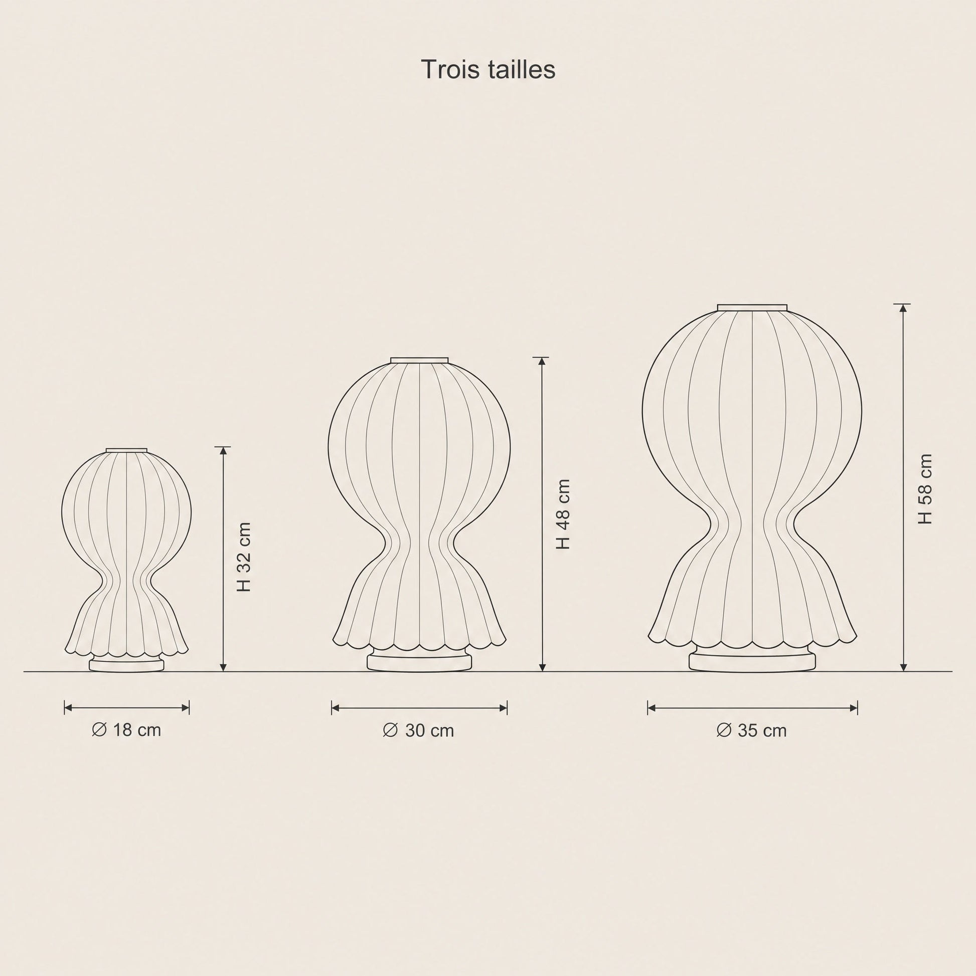 Schema cote des trois tailles de la lampe d'ambiance cocon | Delvanie