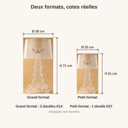 Schéma coté de la lampe baroque Rivento, grand format Ø 38 x H 71 cm et petit format Ø 25 x H 51 cm | Delvanie