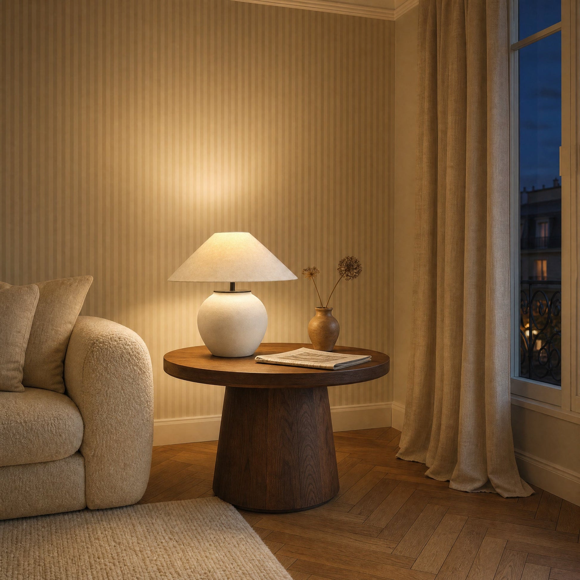 Lampe céramique blanche allumée sur un guéridon de noyer dans un petit salon | Delvanie