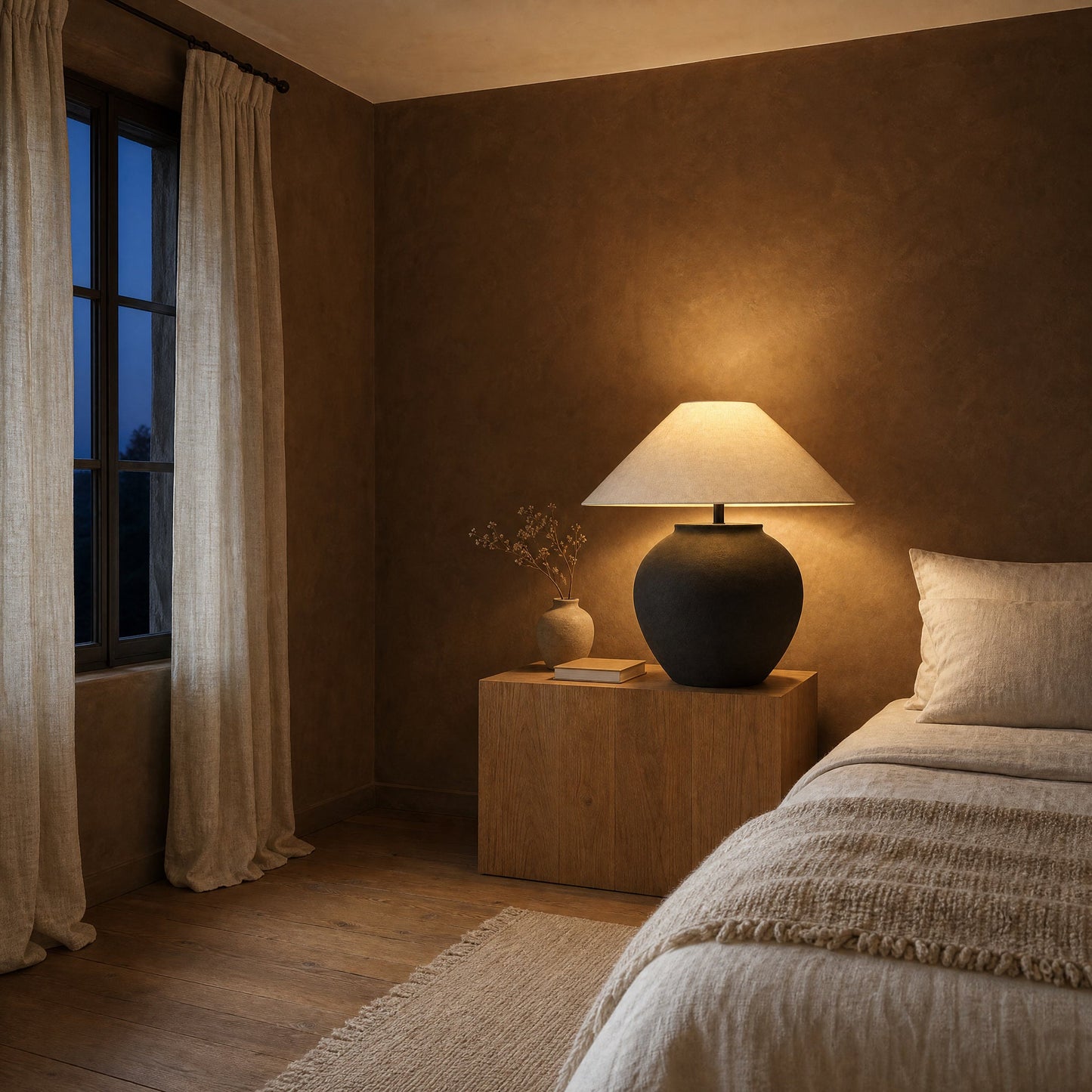 Lampe céramique noire allumée sur un chevet de chêne dans une chambre à mur brun | Delvanie