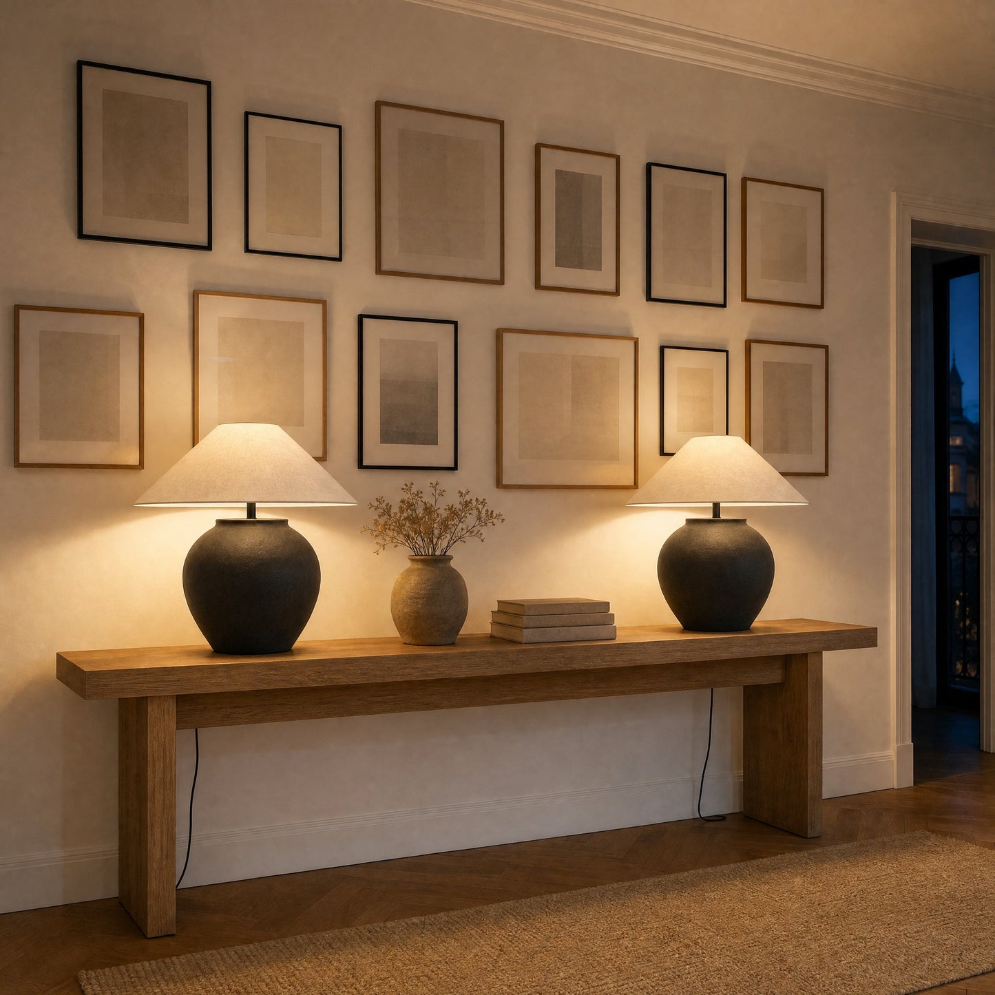 Paire de lampes céramique noires allumées sur une console sous un mur de cadres | Delvanie
