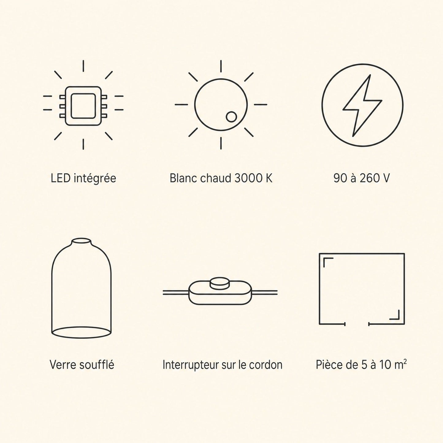 Caractéristiques de la lampe chromée, LED intégrée, blanc chaud 3000 K, 90 à 260 V | Delvanie