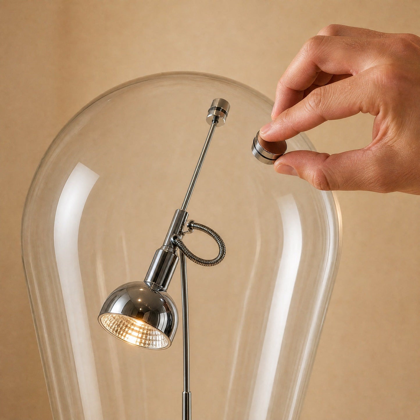 Détail du palet aimanté qui oriente le projecteur à travers le verre | Delvanie