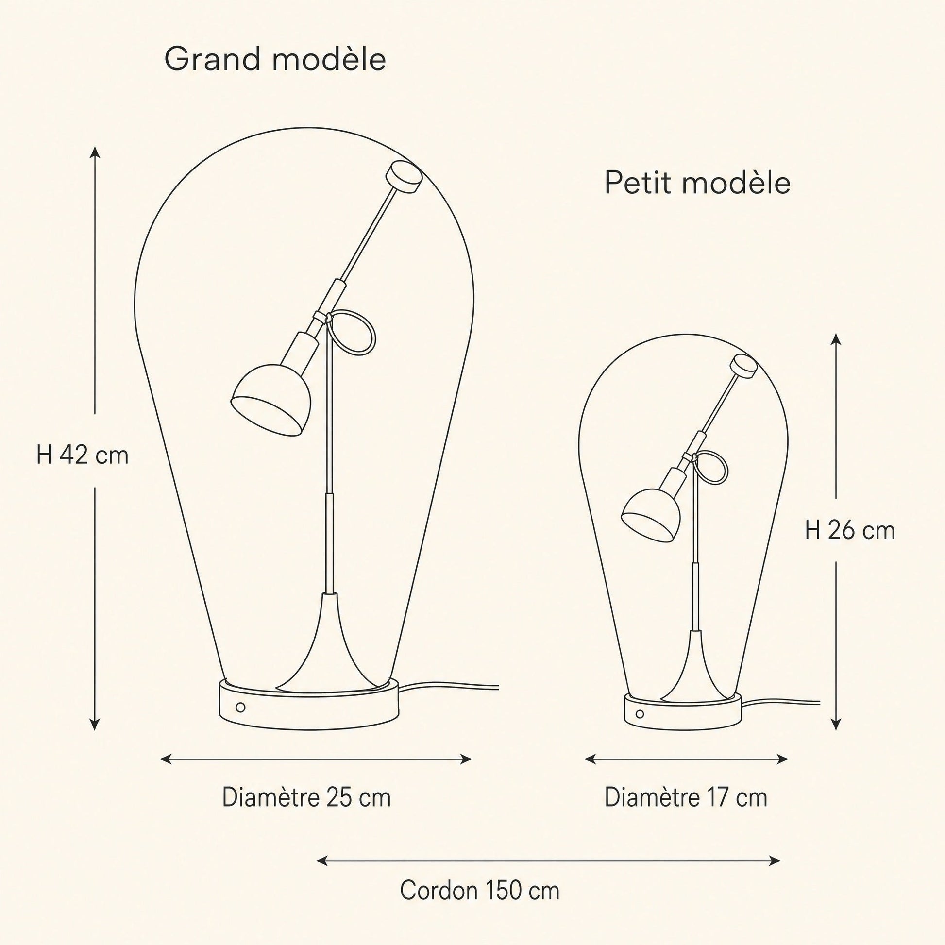 Schéma coté de la lampe chromée, grand modèle et petit modèle | Delvanie