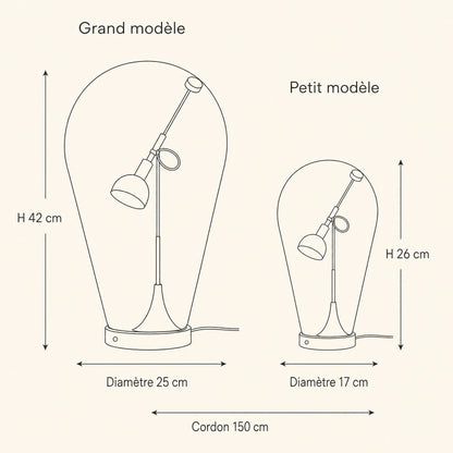 Schéma coté de la lampe chromée, grand modèle et petit modèle | Delvanie