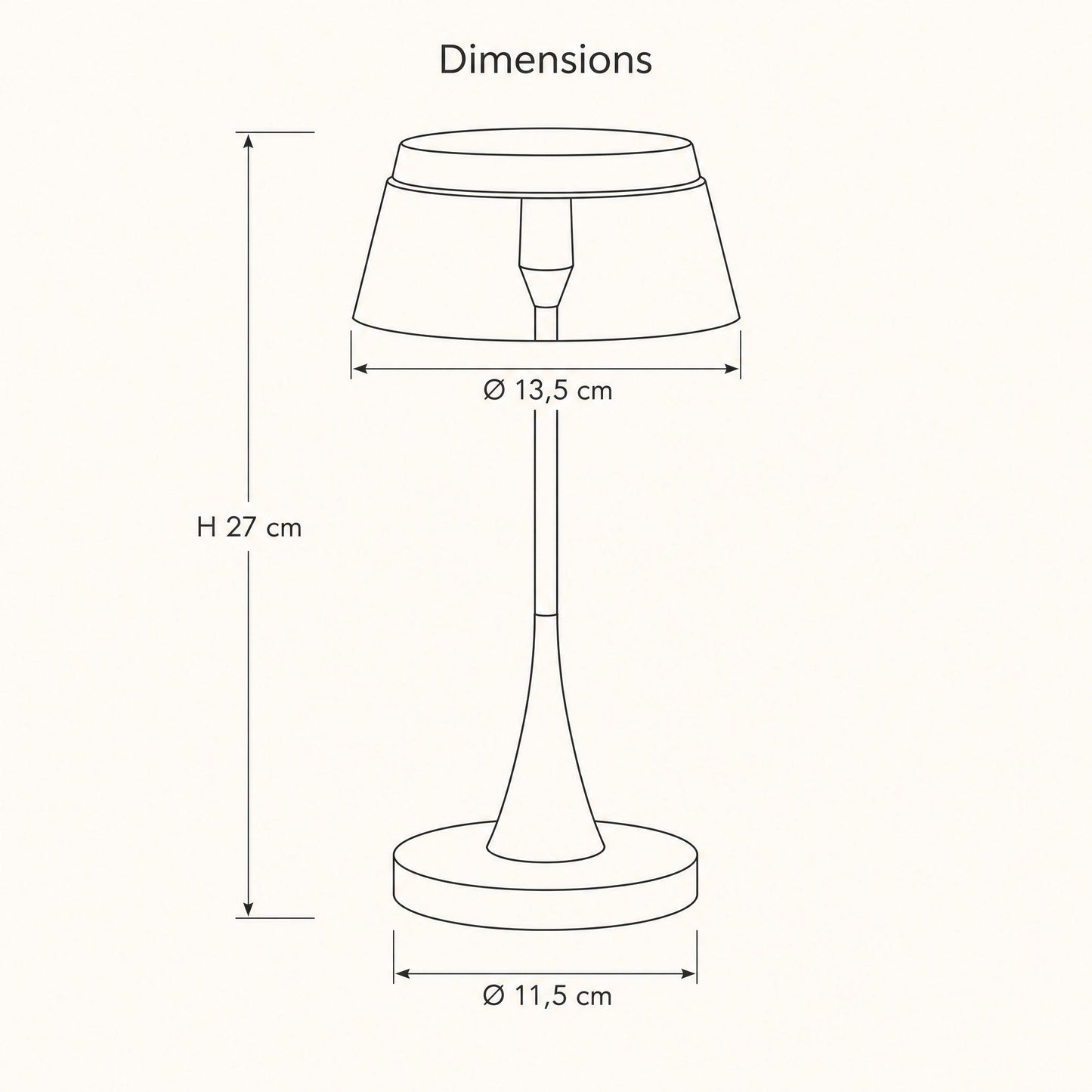 Schéma coté de la lampe rechargeable Sévali, abat-jour 13,5 cm, hauteur 27 cm, socle 11,5 cm | Delvanie