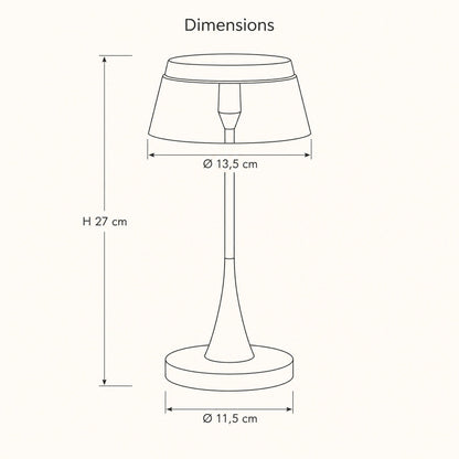 Schéma coté de la lampe rechargeable Sévali, abat-jour 13,5 cm, hauteur 27 cm, socle 11,5 cm | Delvanie