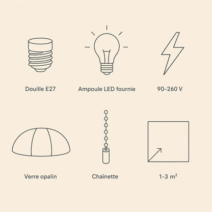 Caractéristiques de la lampe vintage Milari, douille E27 et ampoule LED fournie | Delvanie