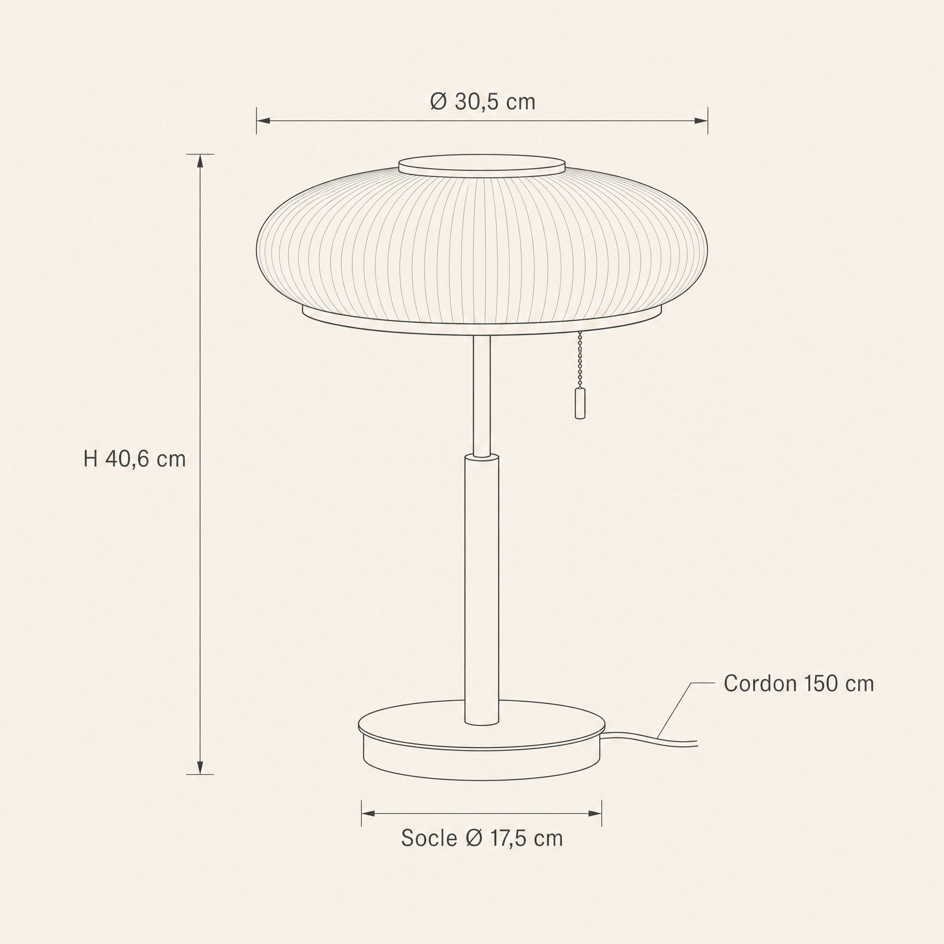 Schéma coté de la lampe vintage Milari, diamètre 30,5 cm et hauteur 40,6 cm | Delvanie