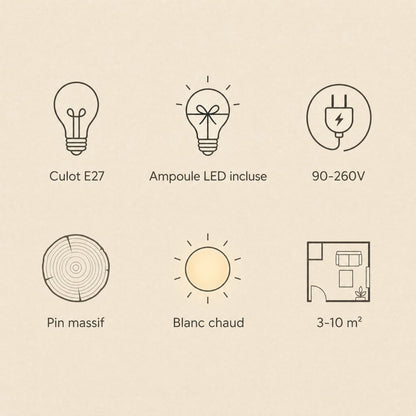 Caractéristiques de la lanterne japonaise Washiya : culot E27, ampoule LED incluse, pin massif, blanc chaud | Delvanie