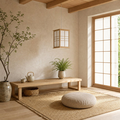Lanterne japonaise Washiya dans un coin méditation japandi baigné de lumière naturelle | Delvanie