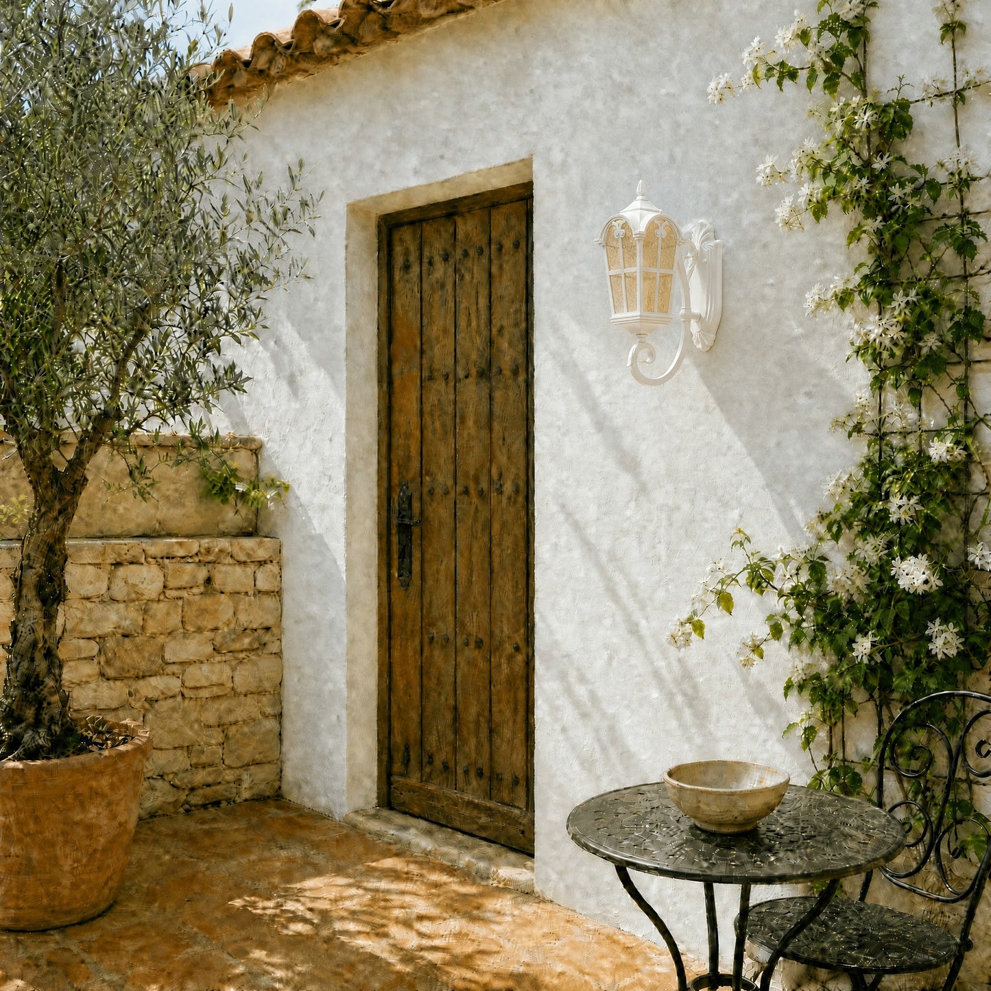 Lanterne murale extérieure blanche posée près d'une porte en bois sur un patio provençal | Delvanie