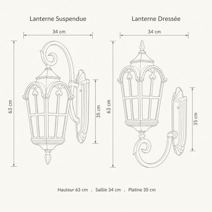 Schéma coté de la lanterne murale extérieure Portessa, hauteur 63 cm, saillie 34 cm, platine 35 cm | Delvanie