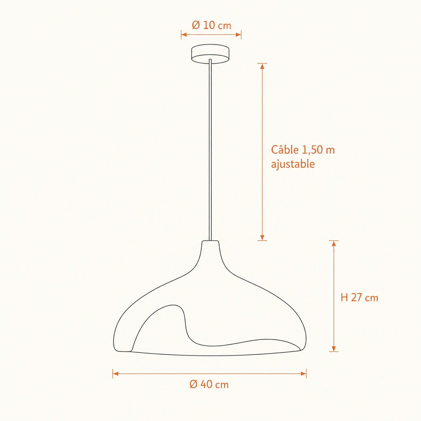 Schéma coté de la suspension Kanura, Ø 40 cm, hauteur 27 cm, câble ajustable 1,50 m | Delvanie