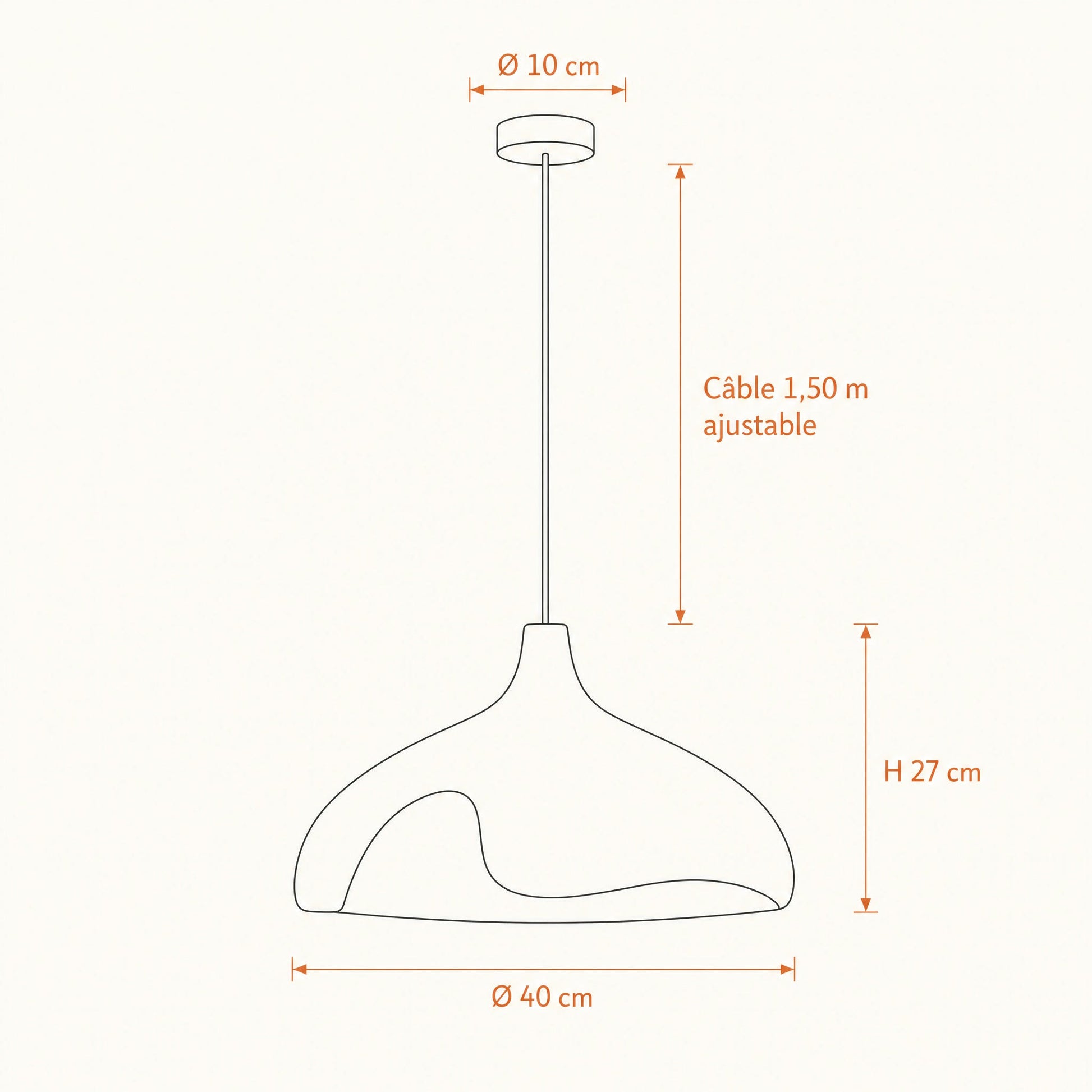 Schéma coté de la suspension Kanura, Ø 40 cm, hauteur 27 cm, câble ajustable 1,50 m | Delvanie