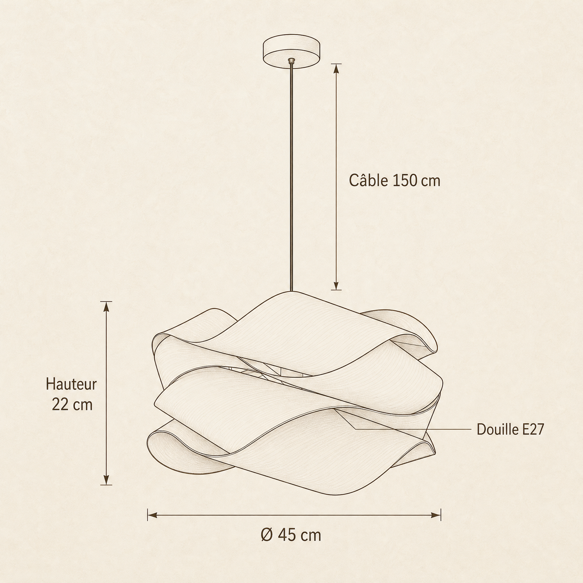 Schéma coté du lustre bois Kumoya : diamètre 45 cm, hauteur 22 cm, câble 150 cm, douille E27 | Delvanie