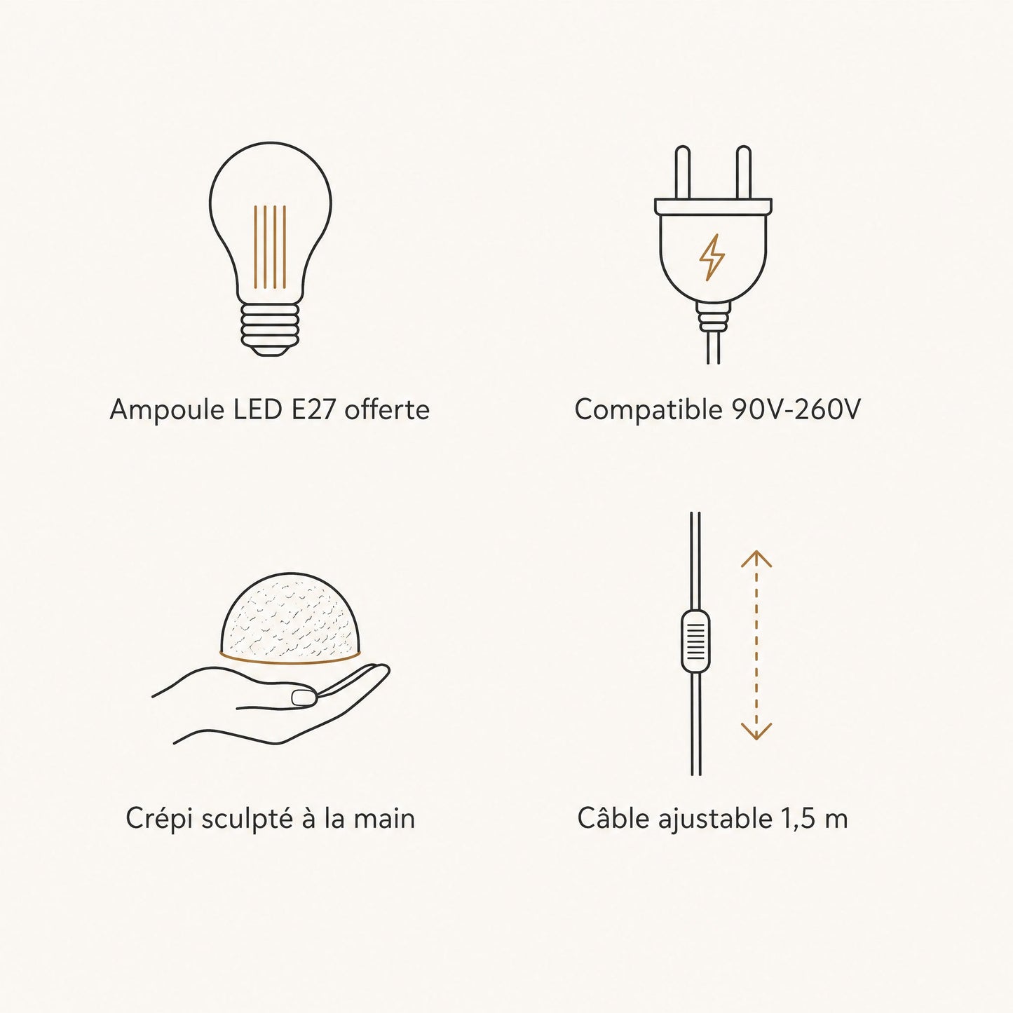 Caractéristiques du lustre Nivoya : ampoule LED E27 offerte, 90V-260V, crépi sculpté main, câble ajustable | Delvanie