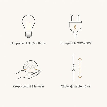 Caractéristiques du lustre Nivoya : ampoule LED E27 offerte, 90V-260V, crépi sculpté main, câble ajustable | Delvanie