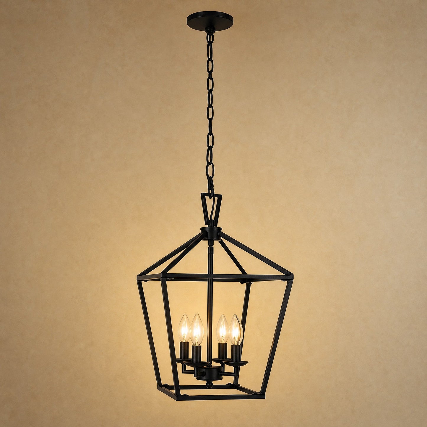 Lustre de couloir Serlino, lanterne cage en métal noir mat à quatre flammes | Delvanie