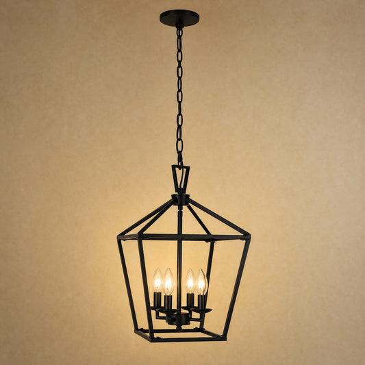 Lustre de couloir Serlino, lanterne cage en métal noir mat à quatre flammes | Delvanie