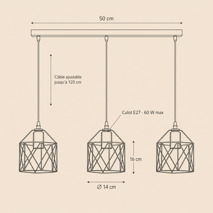 Schéma coté du lustre Feroya, barre 50 cm, cages Ø 14 cm, hauteur 16 cm, câble 120 cm | Delvanie