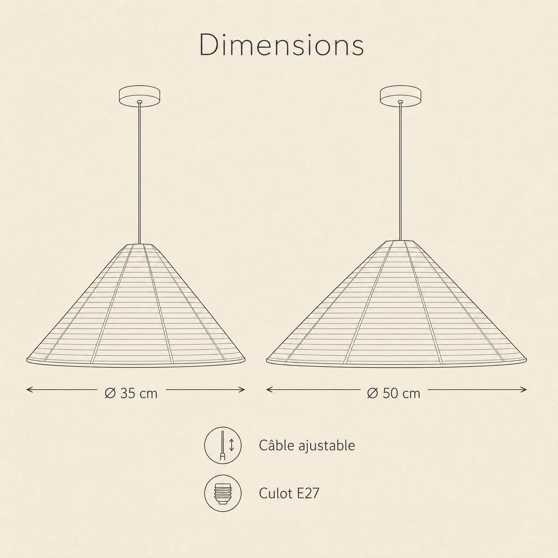 Dimensions du lustre papier de riz, O 35 et O 50 cm, culot E27 | Delvanie