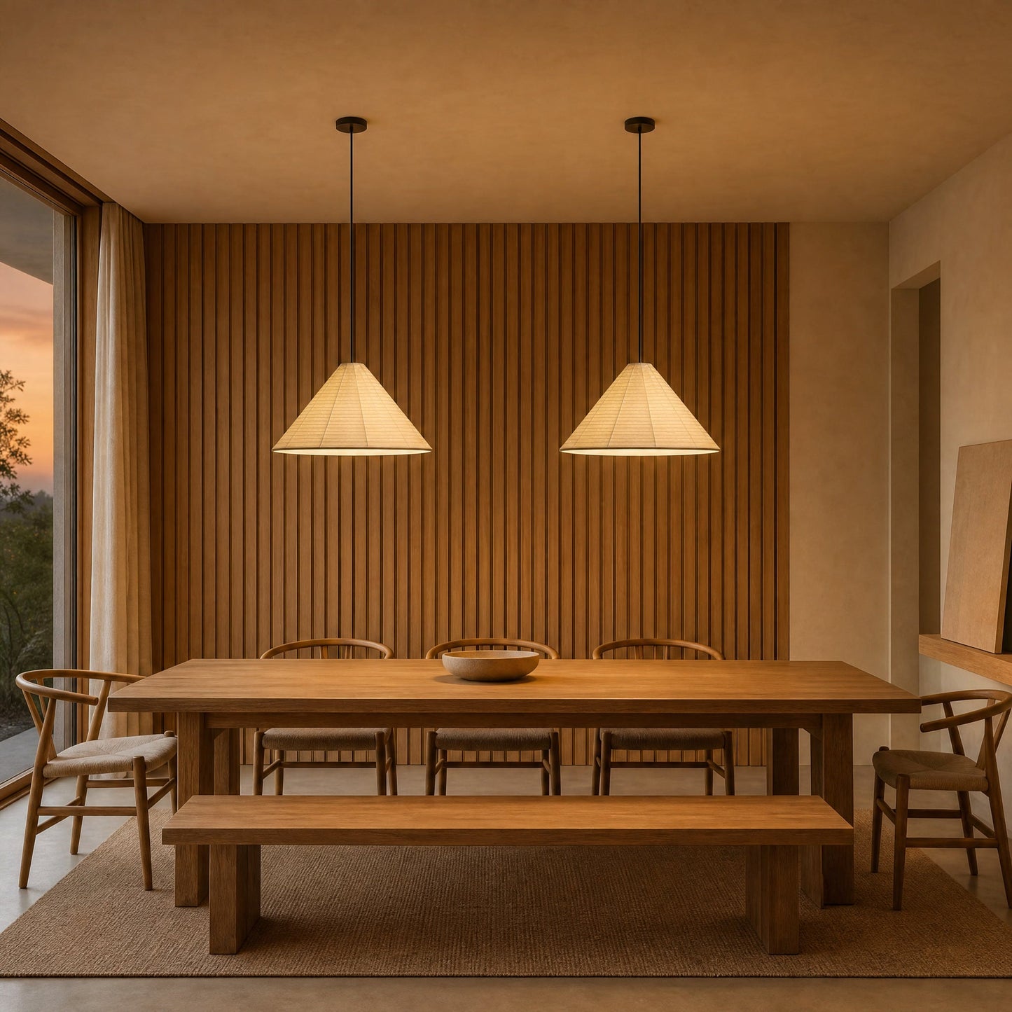 Duo de lustres papier de riz au-dessus d'une table, mur en bois clair | Delvanie