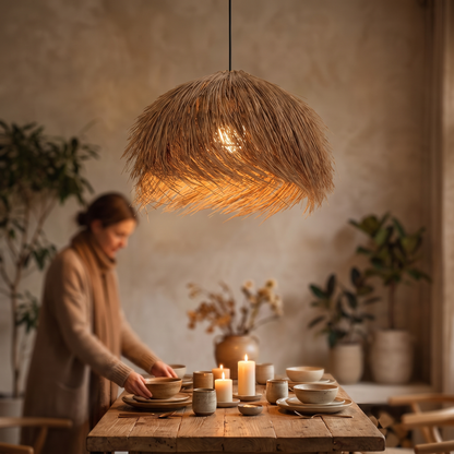 Lustre rotin wabi-sabi Wabéa, scène salle à manger