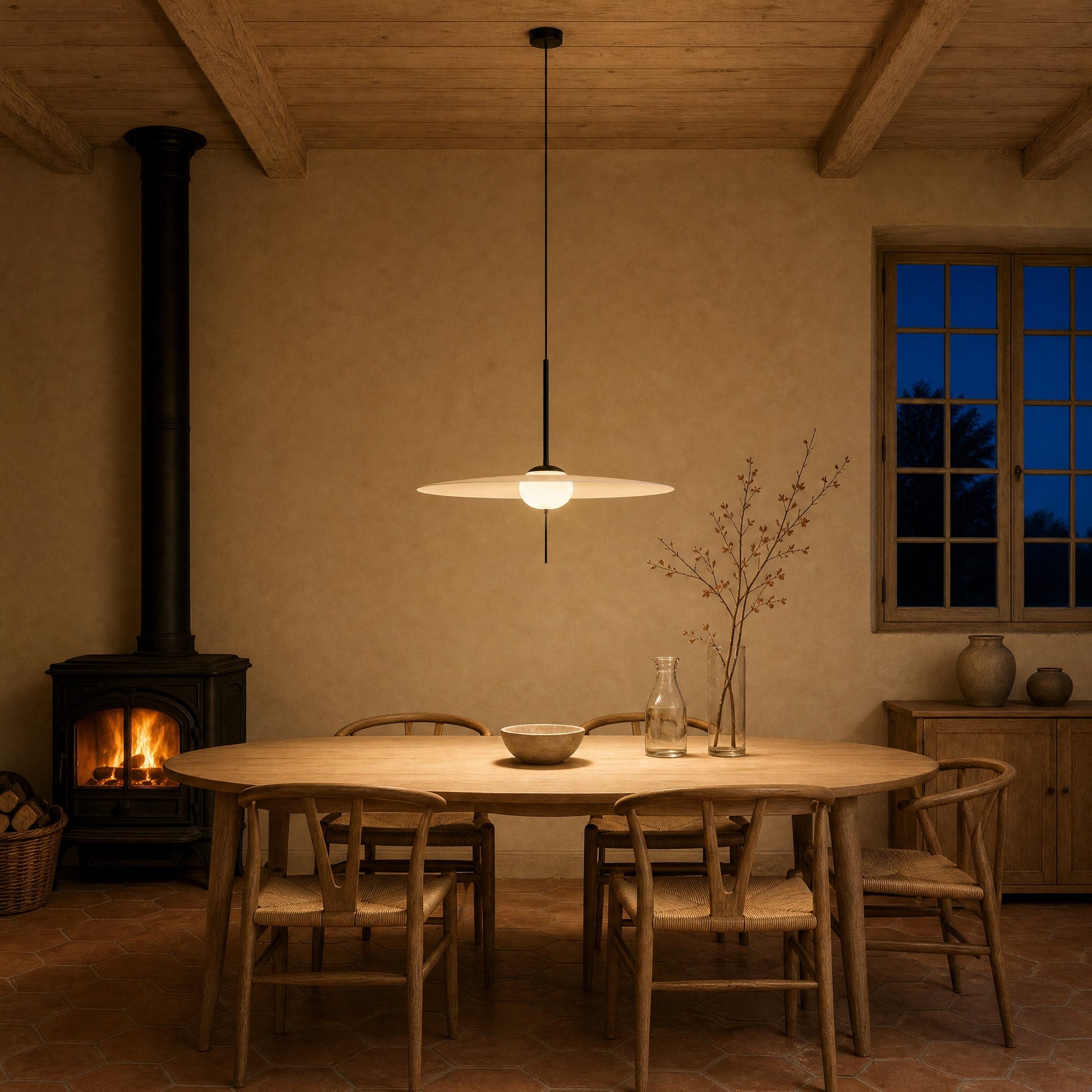 Grande suspension Marlova allumée au-dessus d'une table ovale, salle à manger de maison de campagne au poêle à bois | Delvanie