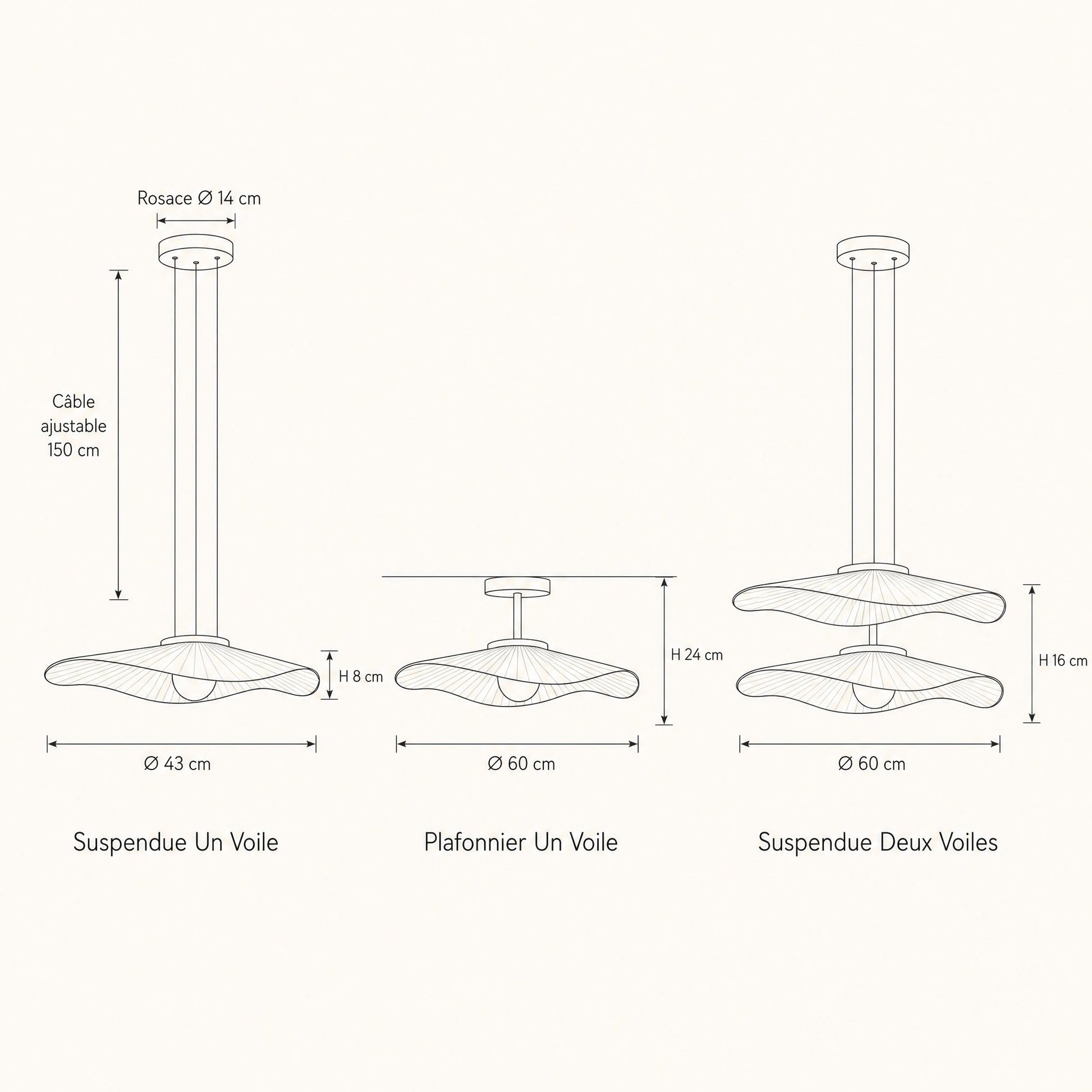 Schéma coté Namiyo : suspendue un voile Ø 43 cm, plafonnier un voile Ø 60 cm, suspendue deux voiles Ø 60 cm | Delvanie