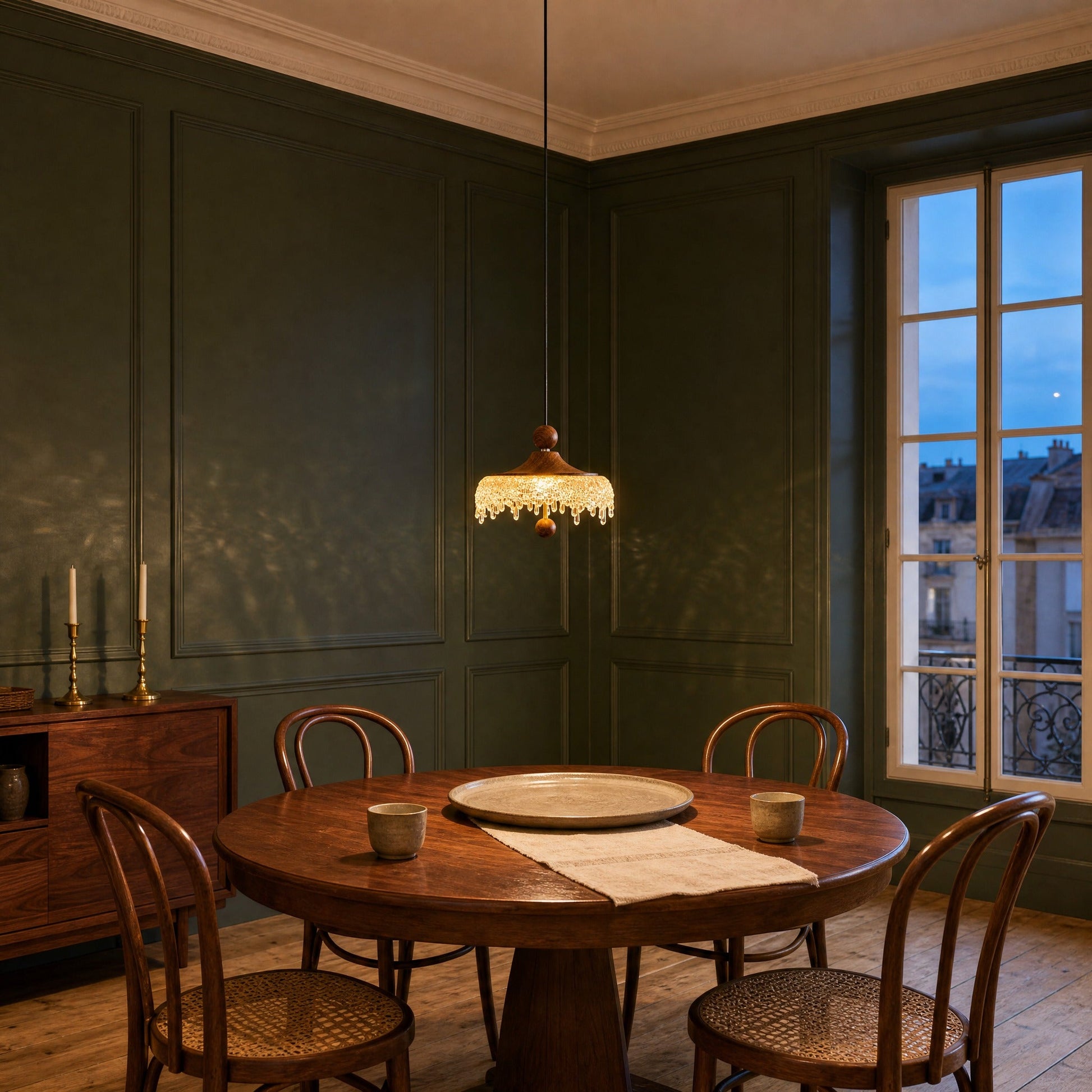 Petite suspension Aubine allumée au-dessus d'une table ronde en noyer, salle à manger à lambris vert | Delvanie