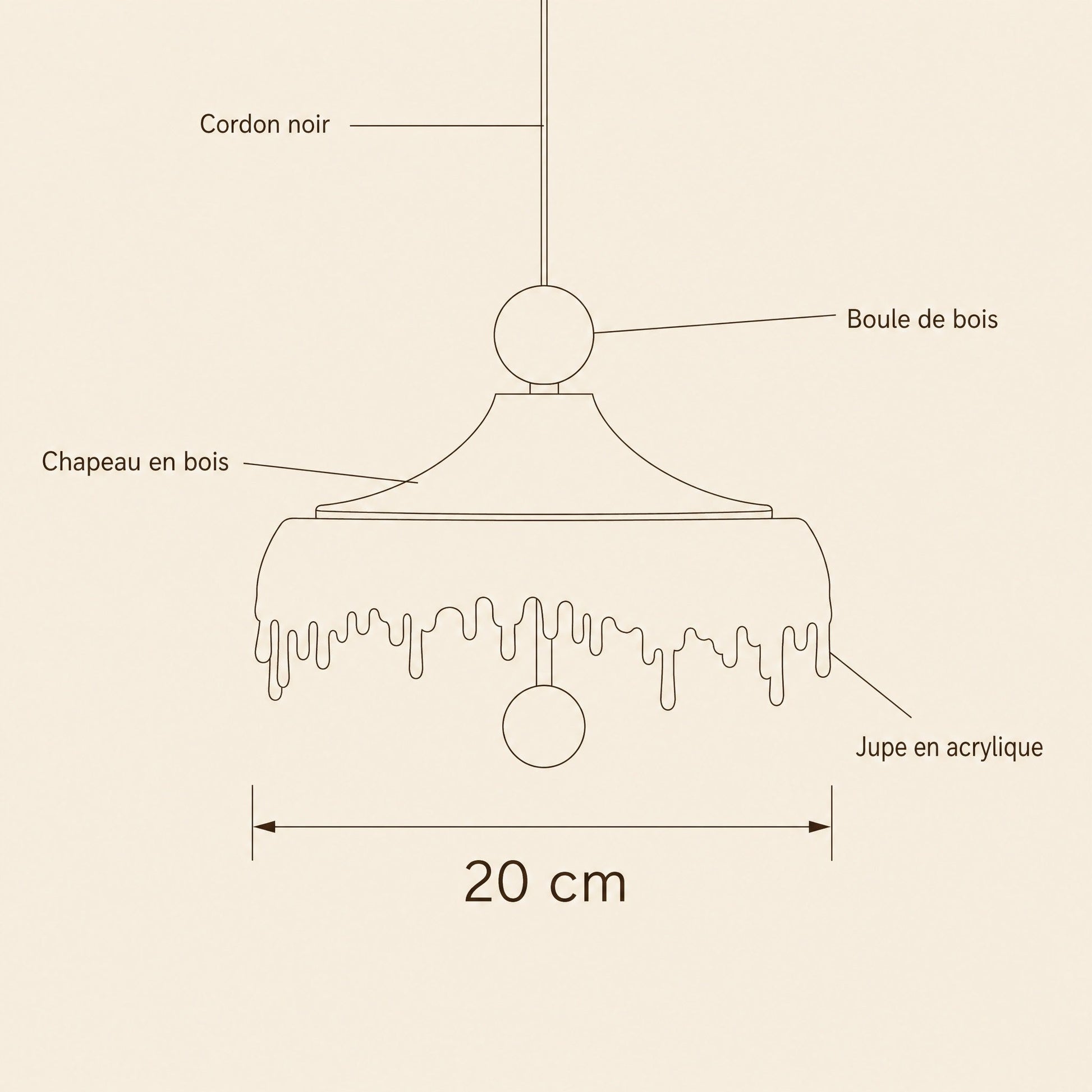 Schéma coté de la petite suspension Aubine, 20 cm de diamètre | Delvanie
