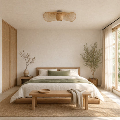 Plafonnier bambou Takenya au plafond d'une chambre japandi lumineuse | Delvanie