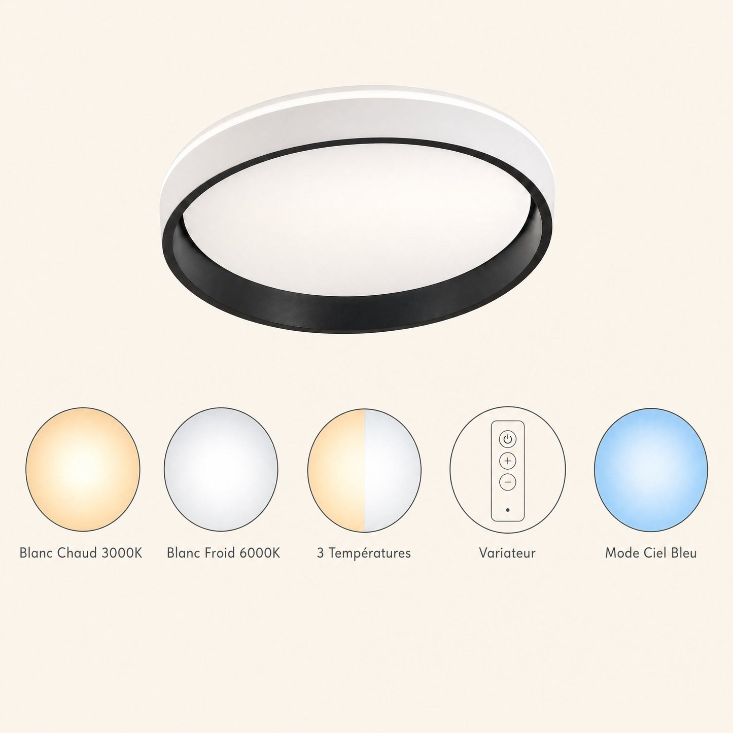Modes de lumière du plafonnier Azuléa, blanc chaud à froid, variateur et mode ciel bleu | Delvanie