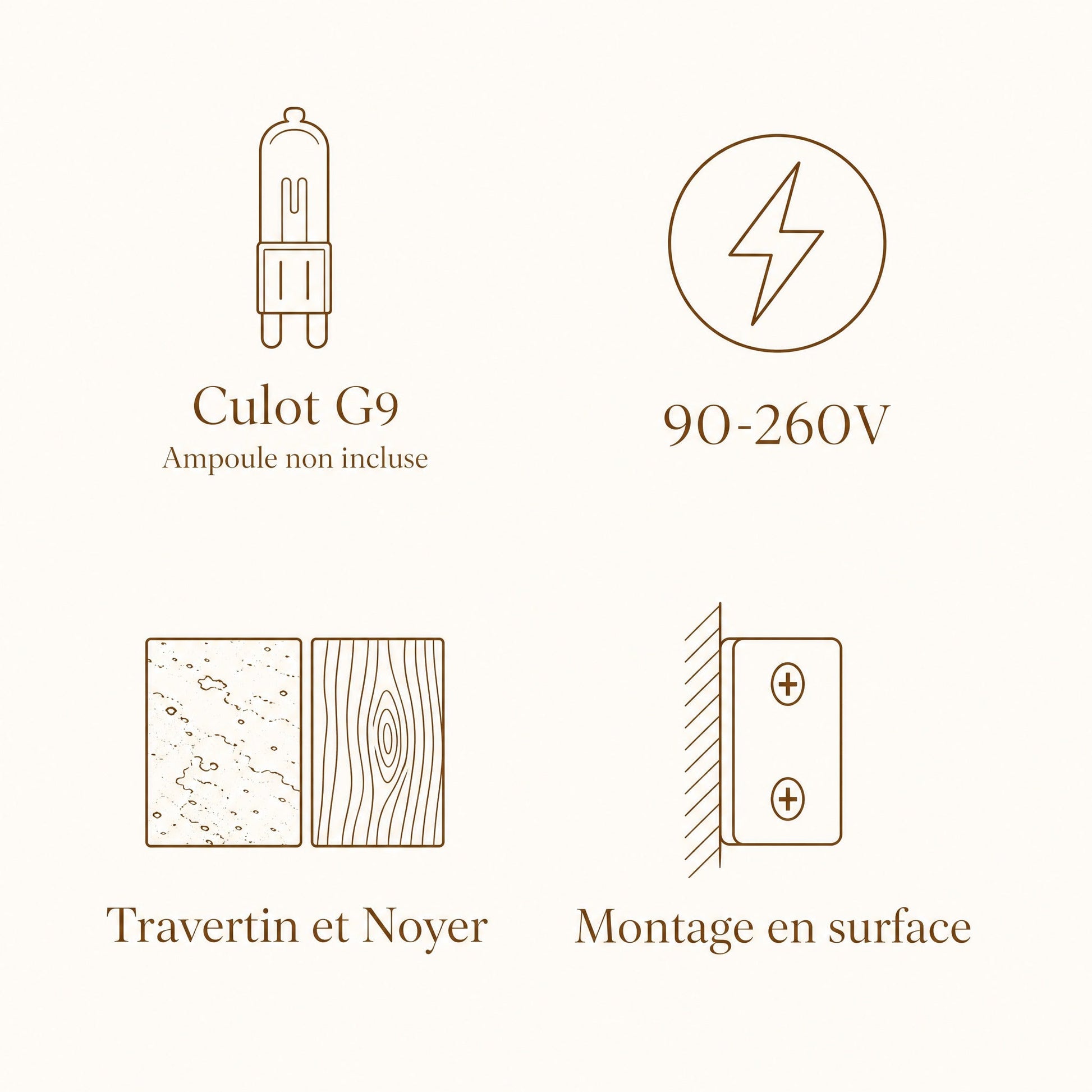 Caractéristiques du luminaire Iwaléa : culot G9, 90-260V, travertin et noyer, montage en surface | Delvanie