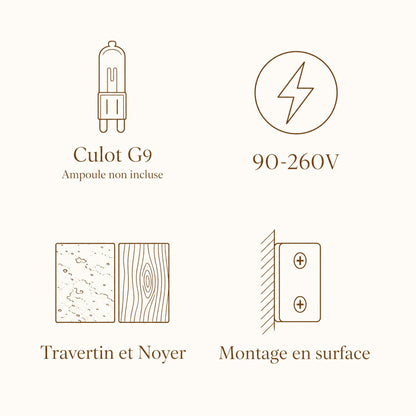 Caractéristiques du luminaire Iwaléa : culot G9, 90-260V, travertin et noyer, montage en surface | Delvanie
