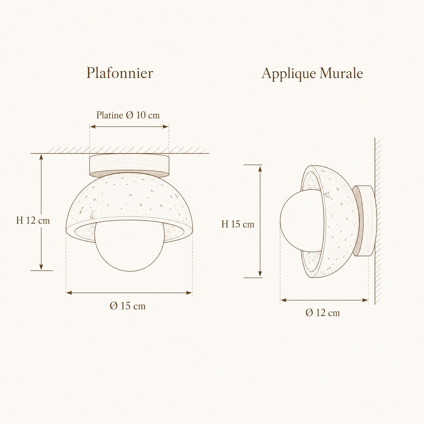 Schéma coté du luminaire Iwaléa : plafonnier Ø 15 cm H 12 cm, applique murale Ø 12 cm H 15 cm | Delvanie