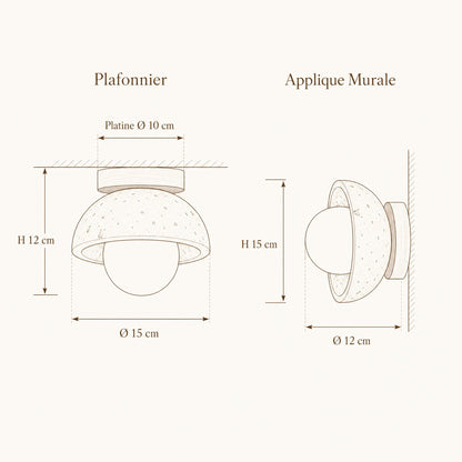 Schéma coté du luminaire Iwaléa : plafonnier Ø 15 cm H 12 cm, applique murale Ø 12 cm H 15 cm | Delvanie
