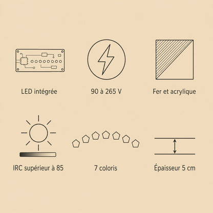 Caractéristiques du plafonnier plat, LED intégrée, 90 à 265 V et sept coloris | Delvanie