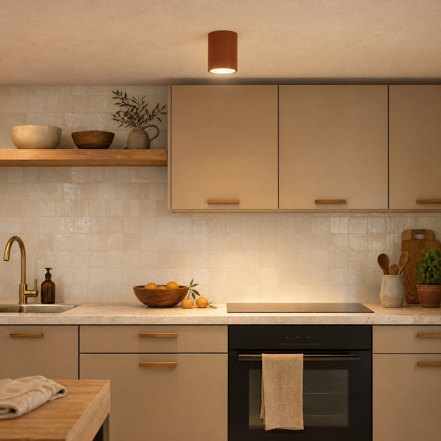 Plafonnier spot Terracotta allumé au-dessus d'un plan de travail de cuisine | Delvanie