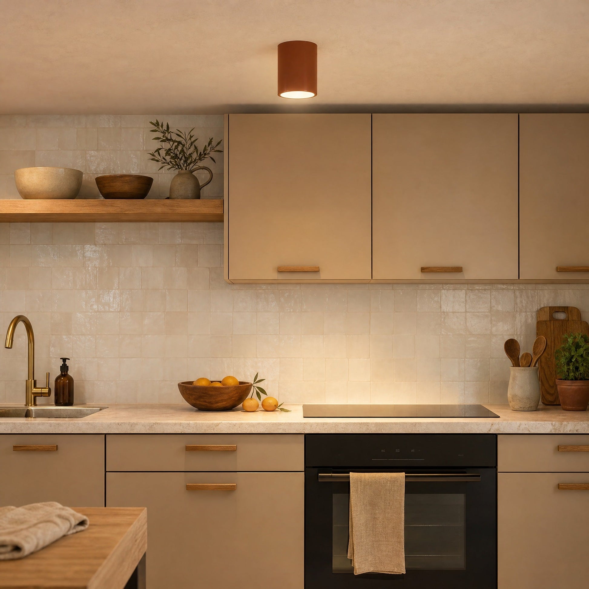 Plafonnier spot Terracotta allumé au-dessus d'un plan de travail de cuisine | Delvanie